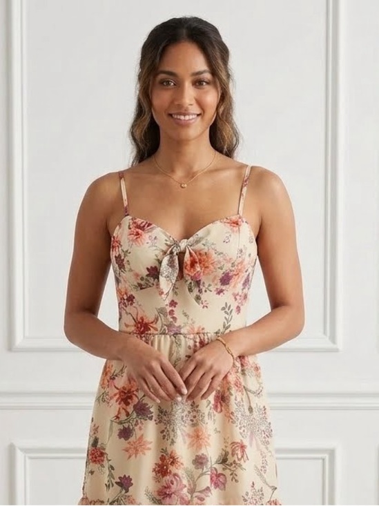 Dresses & Skirts - A.W.W Floral Tie-Neck Blouse in Cream with Pink & Orange Blooms- medium
